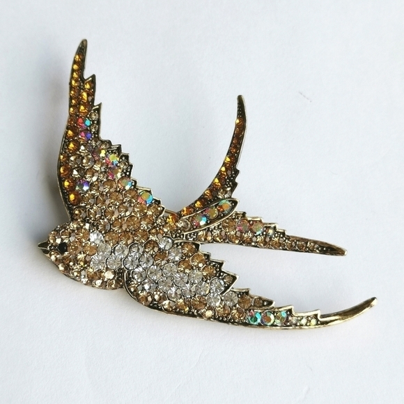 GOLDEN Crystal Swallow Bird  brooch pin - Picture 1 of 7